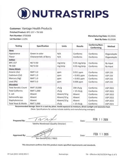 Certificate of analysis for BPC-157 + TB-500 strips
